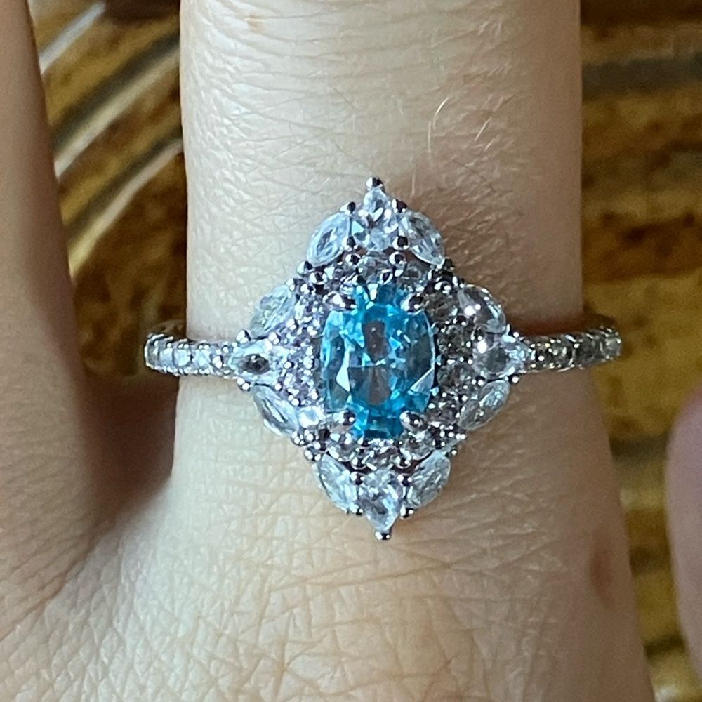 Blue Zircon White Sapphire Sterling Silver Ring Size 10